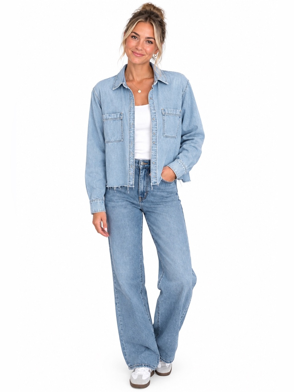 Universal Thread Light Wash Denim Shacket in Blue